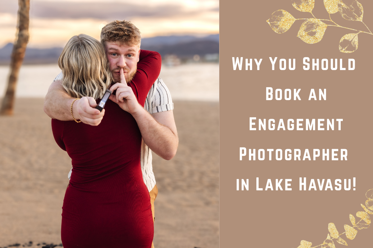 Man proposing on a Lake Havasu beach, hugging his partner while holding an engagement ring box and making a "shh" gesture, with blog title text overlay.