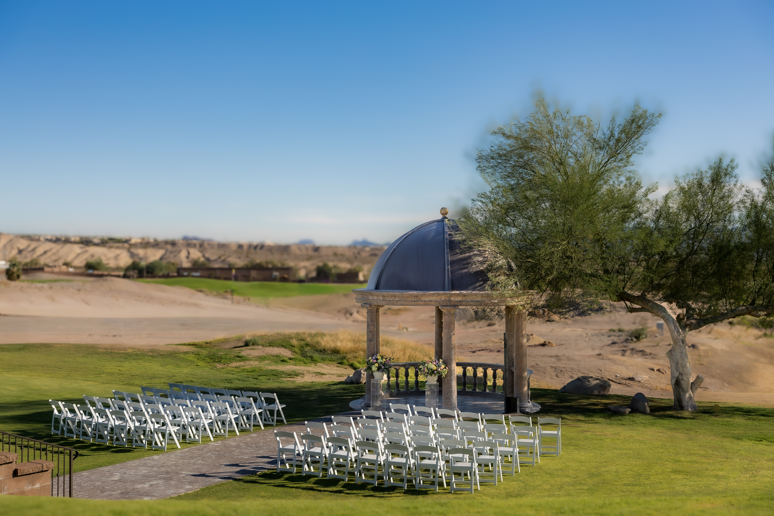 Outdoor wedding ceremony setup at The Refuge Golf Resort gazebo Lake Havasu City Arizona
