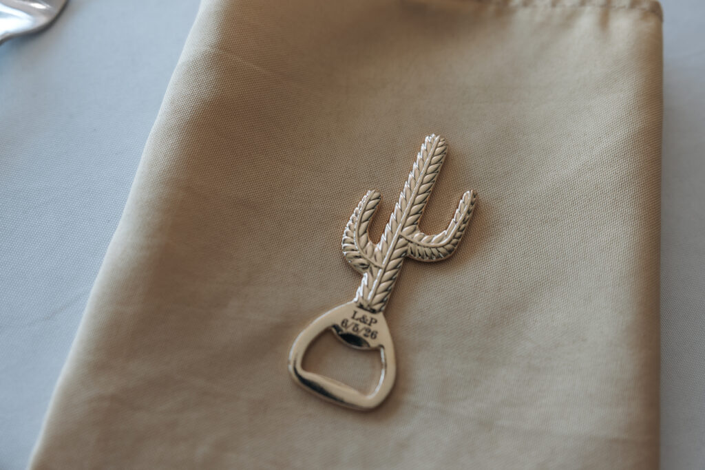 Gold cactus detail from Paul and Lizzy’s boho wedding reception decor